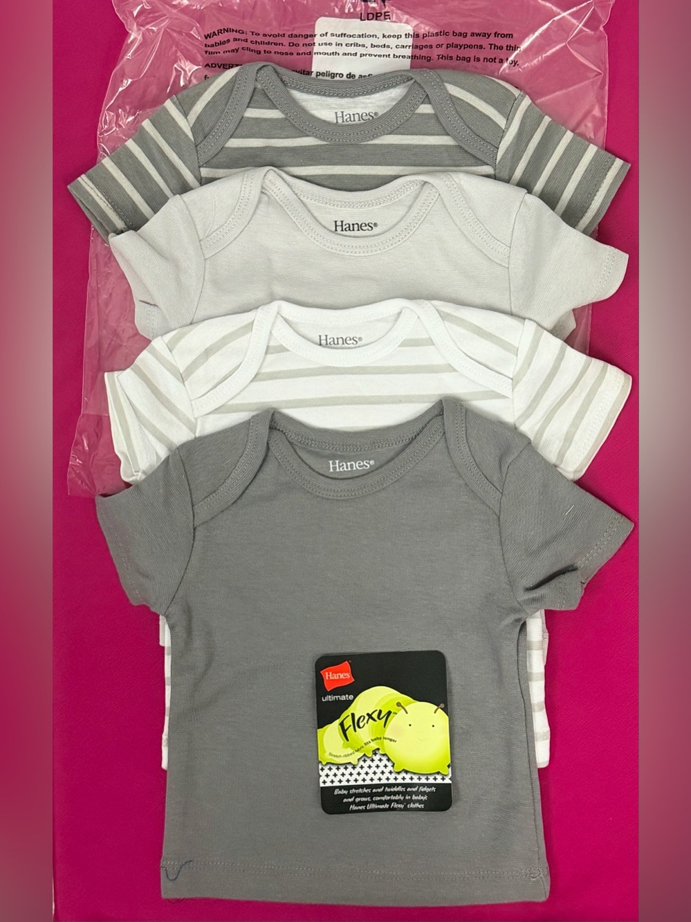 Hanes Flexy Gray & White Short Sleeve Baby Easy On Tops 4-Pack 6-12 Months
